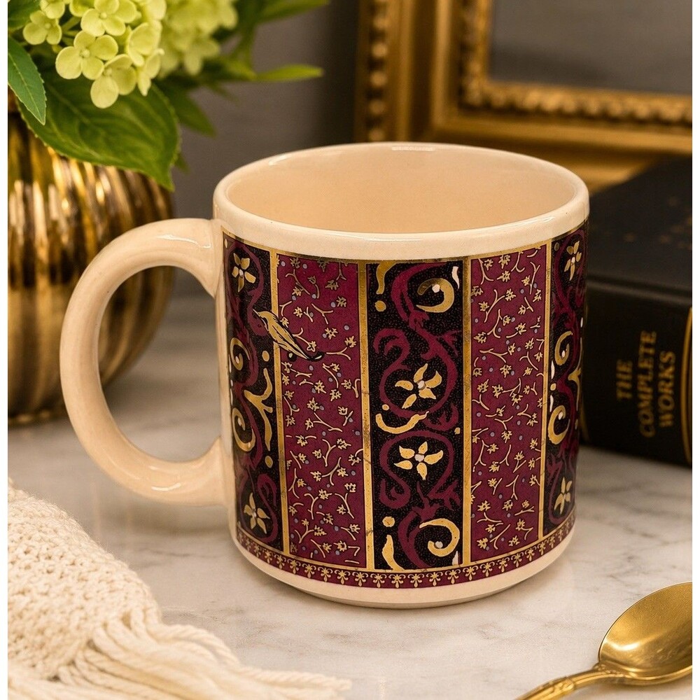 Vintage Michel & Company Coffee Mug Burgundy Mauve Gold Baroque Floral Korea